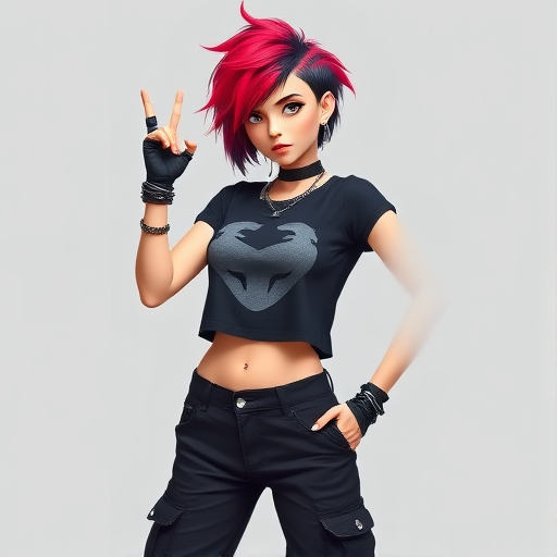 Generate a high-resolution image of a punk-style female character with short, red and black hair, wearing a graphic black crop top and black cargo pants, striking a confident pose, DSLR camera settings: f/2.8 aperture, ISO 100, shutter speed 1/125s, 50mm lens, frontal view, studio lighting for enhanced clarity and detail.