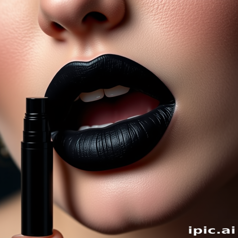 Intense "Ink Noir" liquid matte lipstick in deepest black, ultra-pigmented and smudge-proof formula, creating dramatic and gothic-inspired looks