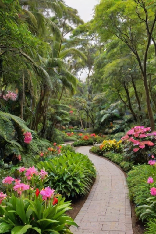 Beautiful botanical garden with exotic flowers in bloom, visitors strolling along winding paths, and a sense of tranquility filling the air.