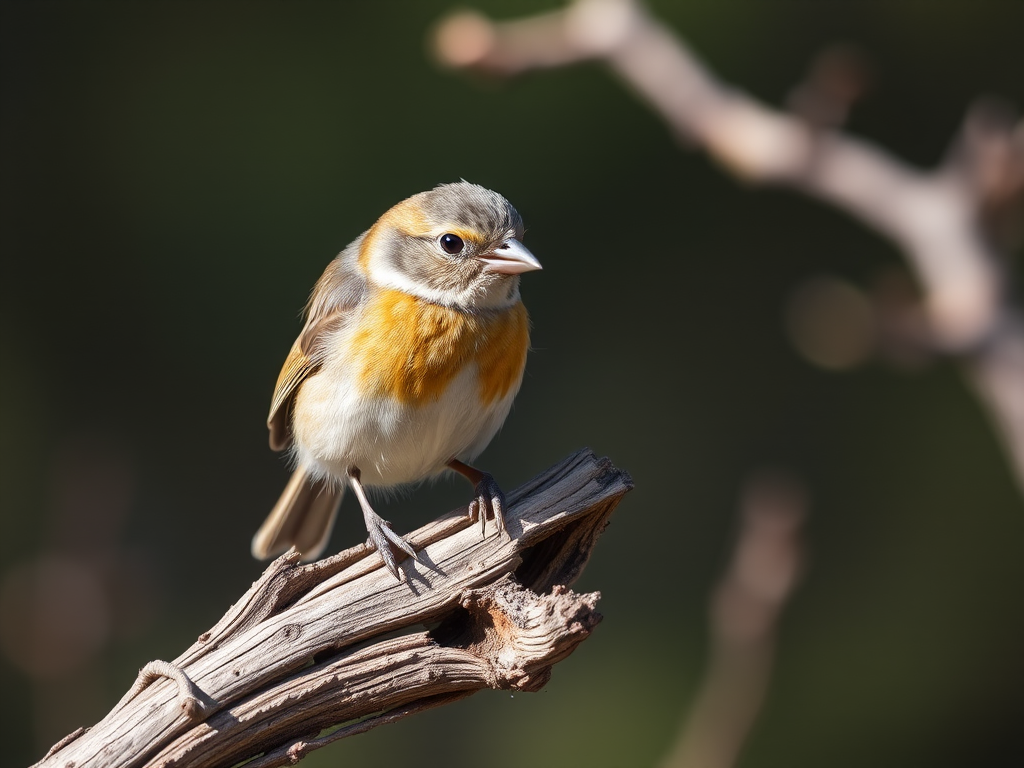 Capture a close-up shot of a small bird perched on a weathered branch using a Canon EOS 5D Mark IV with an 85mm f/1.4 lens, aperture set to f/2.8, ISO 200, shutter speed of 1/500 sec, in natural sunlight for enhanced clarity and depth of field.