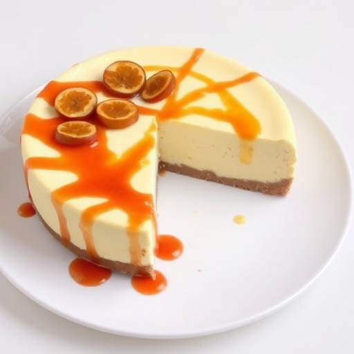 A delicious cheesecake with a creamy topping and passion fruit drizzle on a white plate with a slice cut out, set against a light background.