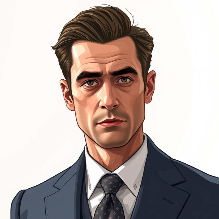 Create a high-resolution digital illustration of a man in a classic suit, capturing a serious expression, use a DSLR camera at f/2.8 aperture, ISO 100, 50mm lens, shallow depth of field, natural lighting, and a frontal view to enhance the details and quality of the image.