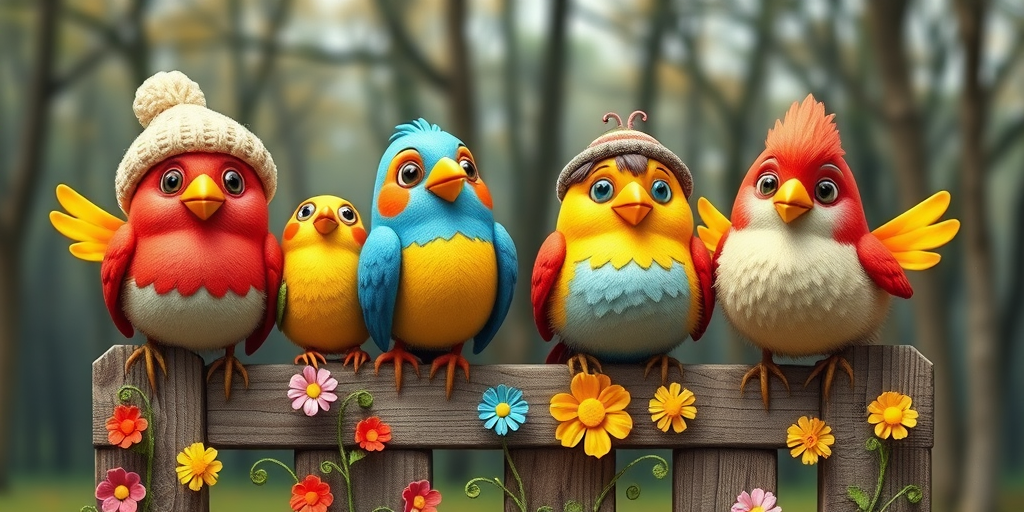 create a scene of 4 quirky  whimsical colourful comical birds each with a funny expression. they are sat on a wooden fence with colourful flowers. they are all different sizes. each one is a different colour  one is wearing a woolly hat. Each one has a different quirky google expression and there is a muted background of trees watercolour paintierly style high definition 8k resolution 3D paper mache