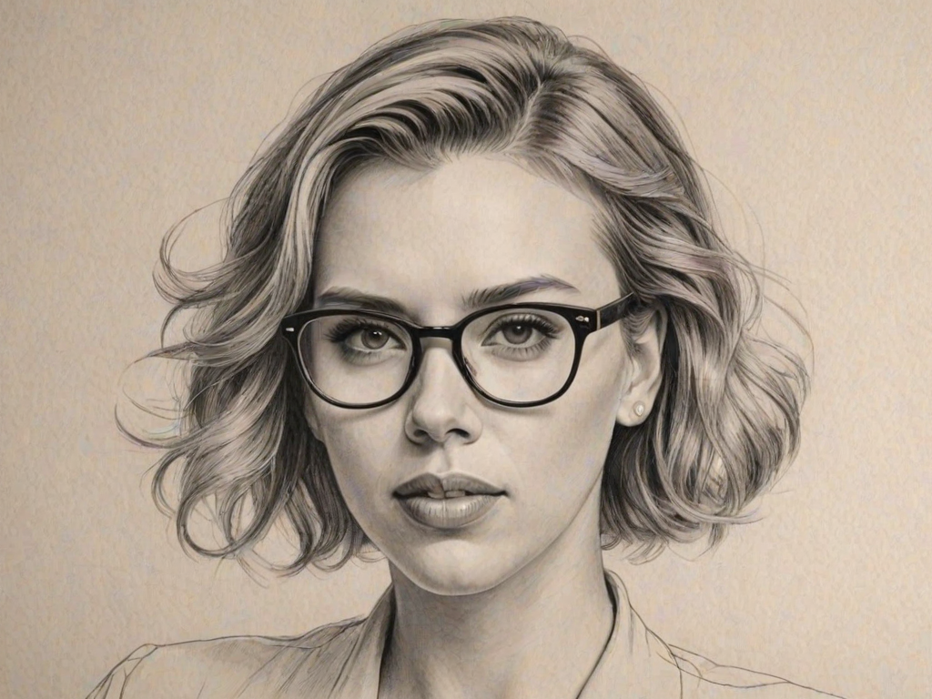 Attractive Scarlett Johansson, pencil sketch, portrait of Radiant woman 1949s in glasses, hair style beatnik, outline, clear lines, fine lines, 8k