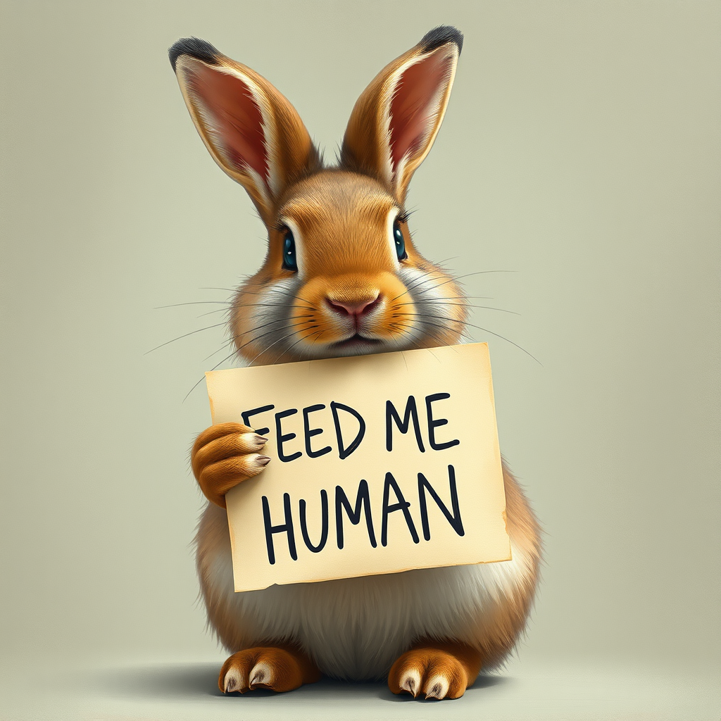 rabbit holding a note which says "FEED ME HUMAN"