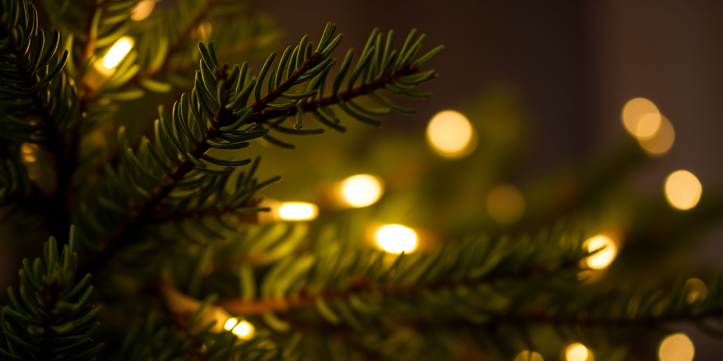 Close-up of evergreen branches with soft glowing fairy lights in a dark background creating a warm and cozy atmosphere.