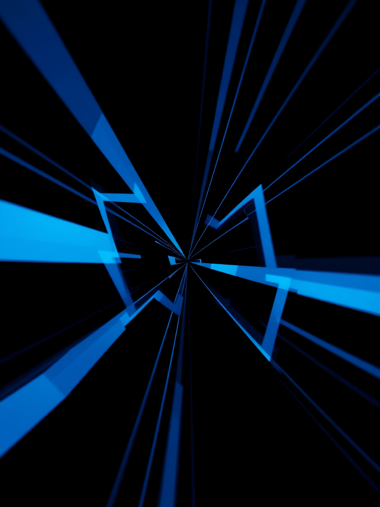 A dynamic abstract composition of blue geometric shapes and lines converging towards a central point on a black background, shot with a DSLR camera at f/2.8, ISO 100, 24mm lens, using a long exposure technique to create a sense of depth and movement.
