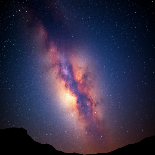 high-resolution image of a stunning galaxy scene with vibrant colors and stars, captured using a DSLR camera with a 24mm wide-angle lens, aperture f/2.8, ISO 1600, exposure time 30 seconds, shot from a mountaintop location to minimize light pollution, in a deep space astrophotography style