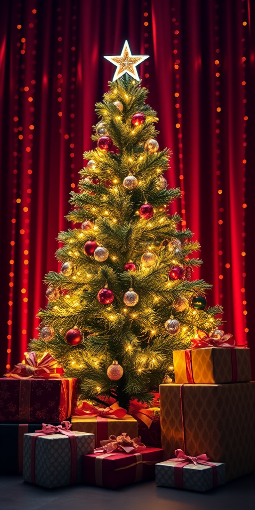 Create a vibrant image of a Christmas tree with twinkling lights, surrounded by beautifully wrapped gifts, using a DSLR camera with a wide aperture of f/2.8, ISO 400, and a shutter speed of 1/60 seconds, shot from a low angle to emphasize the tree against a sparkling red and gold background, using a soft focus lens to enhance the magical quality.