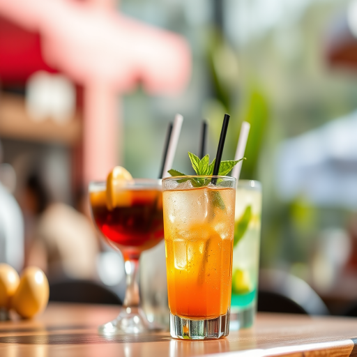 captured with a Canon EOS R5, 50mm lens, f/1.8 aperture, 1/200s shutter speed, ISO 100, natural light, shallow depth of field, focus on drinks, vibrant colors, high contrast, soft bokeh background