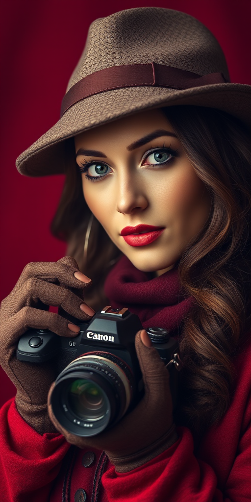 portrait of a woman with a vintage camera, wearing a hat and gloves, with a smoky red background, shot with a DSLR camera, f/2.8 aperture, ISO 100, 50mm lens, soft focus style, natural light accentuating her features