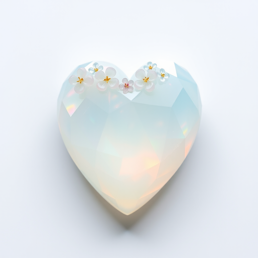 a human heart made of facet cut opal crystal, decorated with small crystal flowers, pastel colors, fine subtle gold details, white background, small drop shadow, beautiful light incidence, prism.