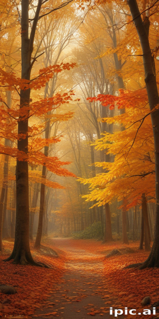 Enchanting Autumn Forest Pathway Surrounded by Vibrant Red and Gold Leaves