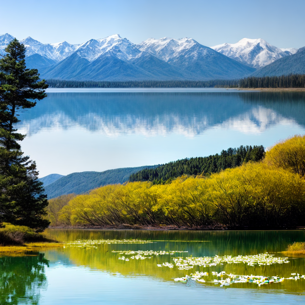 A serene lake reflecting the snow-capped mountains and the blue sky ...