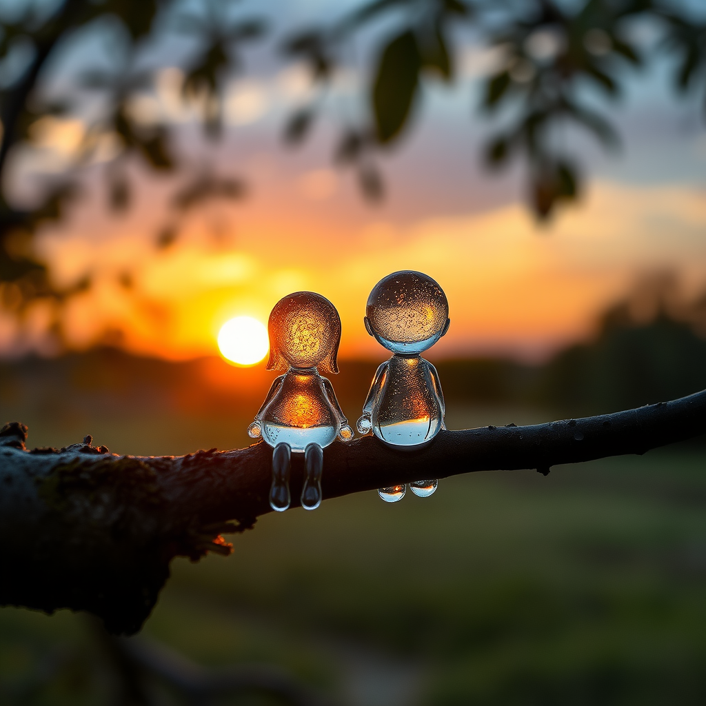 A high-quality conceptual HDR macro hyper-realistic photograph of a tree branch with a couple of transparent water drops in the shape of a female and a male chibi-style figure. The figures have a soft, wet, bubbly wet and bioluminescent texture. They are sitting on the branch and contemplating a beautiful sunset in the distance.
