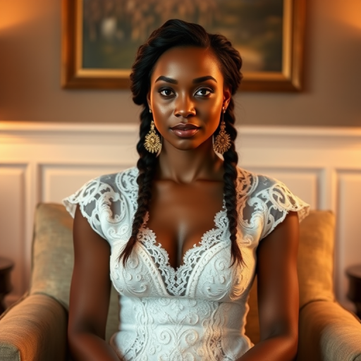 Create a portrait of a refined and elegant Torres Strait Islander woman seated in a sophisticated setting. She has long, wavy hair styled in two thick braids that are pulled over her shoulders. She wears a white, lace gown with intricate patterns, featuring a deep V-neckline and short sleeves. The dress exudes a vintage charm with its delicate lacework. She is adorned with ornate, dangling earrings that add a touch of glamour to her appearance. The background is softly lit, with warm, ambient lighting that creates a cozy and inviting atmosphere. Her expression is poised and serene, capturing a sense of grace and elegance.