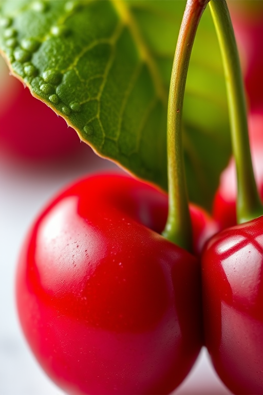 Create a hyper-realistic image of two cherries with a green leaf, using a macro lens, f/2.8 aperture, 1/200 sec shutter speed, and natural light, focused on vibrant colors and fine details.