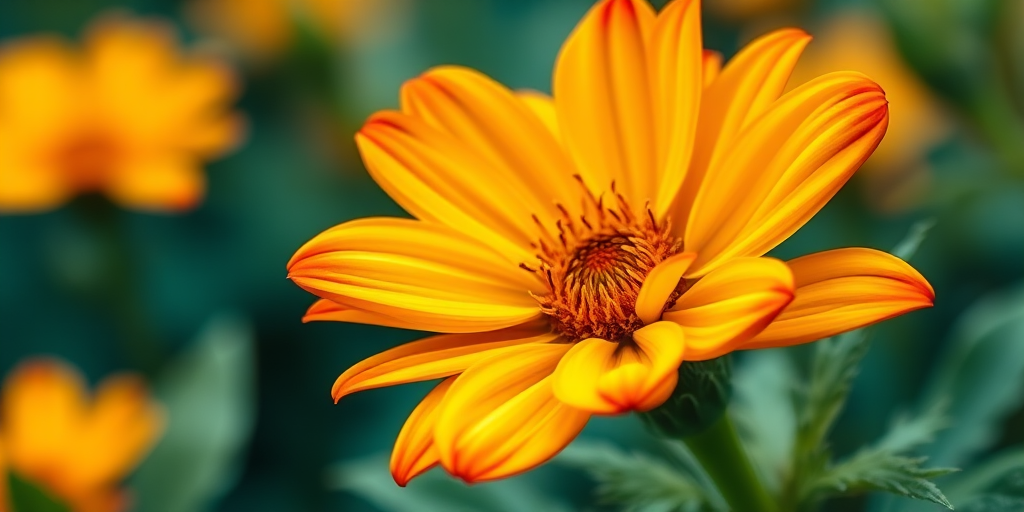 Create a vibrant, high-resolution illustration of a yellow flower with orange edges and green leaves, captured in a macro view using a DSLR camera at f/2.8 aperture, ISO 100, and a shutter speed of 1/200 sec, with a shallow depth of field to enhance detail and clarity.