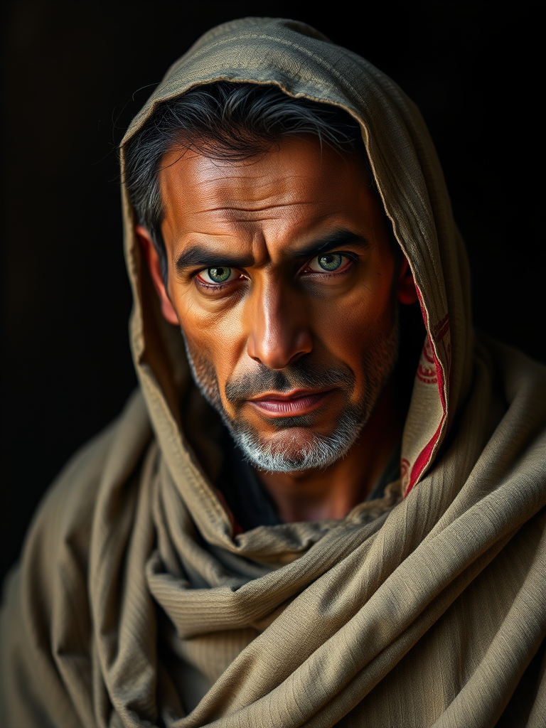 Create a portrait of a man with a solemn expression, draped in a partially torn shawl, illuminated by dramatic lighting, captured with a Canon EOS-1D X Mark III, 85mm f/1.4 lens, aperture f/1.8, ISO 100, at a 45-degree angle for depth and detail enhancement.