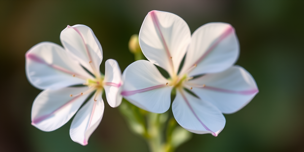 Create an image of two delicate white flowers with soft pink accents, using a DSLR camera with a 50mm lens, aperture set to f/1.8, ISO 100, and a shallow depth of field, capturing a close-up view against a blurred background to enhance detail and vibrancy.
