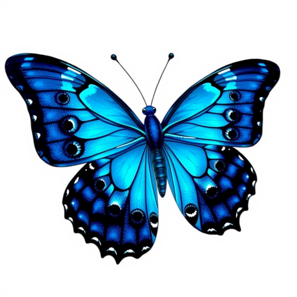 Generate an image of a vibrant blue butterfly with intricate black patterns and white dots on its wings. The butterfly should have elongated wings, showcasing a gradient of blue shades, and delicate antennae. The background should be simple to emphasize the butterfly's vivid colors.