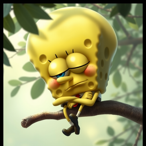Super realistic caricature of a (SpongeBob)  with Enormous Head and tiny body. Large eyes and an oversized head dominate its body. Drowsy, slouched on a eucalyptus branch, half-closed eyes, lazy posture, peaceful expression, soft light filtering through leaves, pale green tones, subtle shadow effects , serene ambiance.