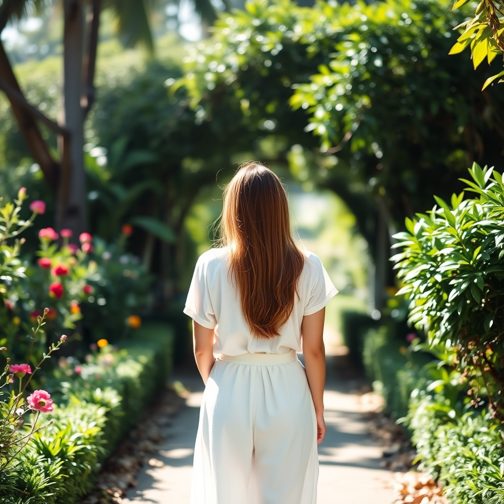 regenerate an image of a woman in a white outfit standing with her back to the camera in a lush garden pathway, natural sunlight, soft focus, aperture f/2.8, ISO 100, shutter speed 1/250s, 50mm lens, portrait style, DSLR camera