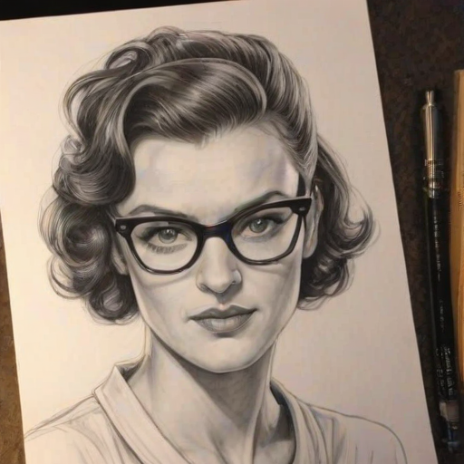 Comely Frankie Shaw, pencil sketch, portrait of Splendid woman 1941s in glasses, hair style beatnik, outline, clear lines, fine lines, 8k