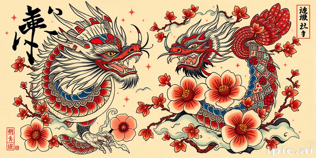 Traditional Japanese-style tattoo called "Irezumi Legacy" featuring bold outlines and vibrant colors depicting mythical creatures and cherry blossoms with intricate details and cultural symbolism