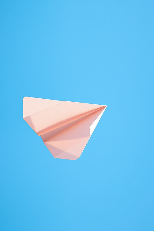 Create a high-resolution image of a paper airplane flying against a clear blue sky, using a DSLR camera with a 50mm lens, aperture set to f/1.8, ISO 100, and a shutter speed of 1/1000s, captured from a low angle to emphasize the airplane's detail and depth.