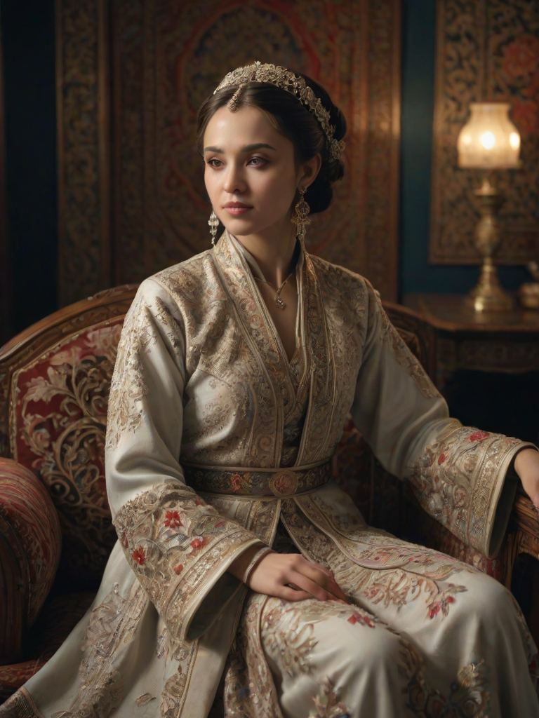 A beautiful Circassian woman in traditional East Asian attire, intricately detailed with embroidered patterns, sitting gracefully in a richly decorated room, soft ambient lighting, serene and elegant, ultra-realistic, 8K resolution