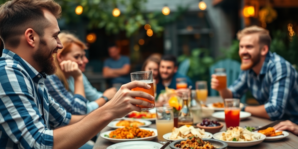 Capture a lively outdoor dinner scene with friends laughing, a rustic table filled with vibrant dishes and drinks, focus on a smiling man holding a glass, shallow depth of field, soft natural lighting, 50mm lens, aperture f/2.8, ISO 200, with a warm color tone.
