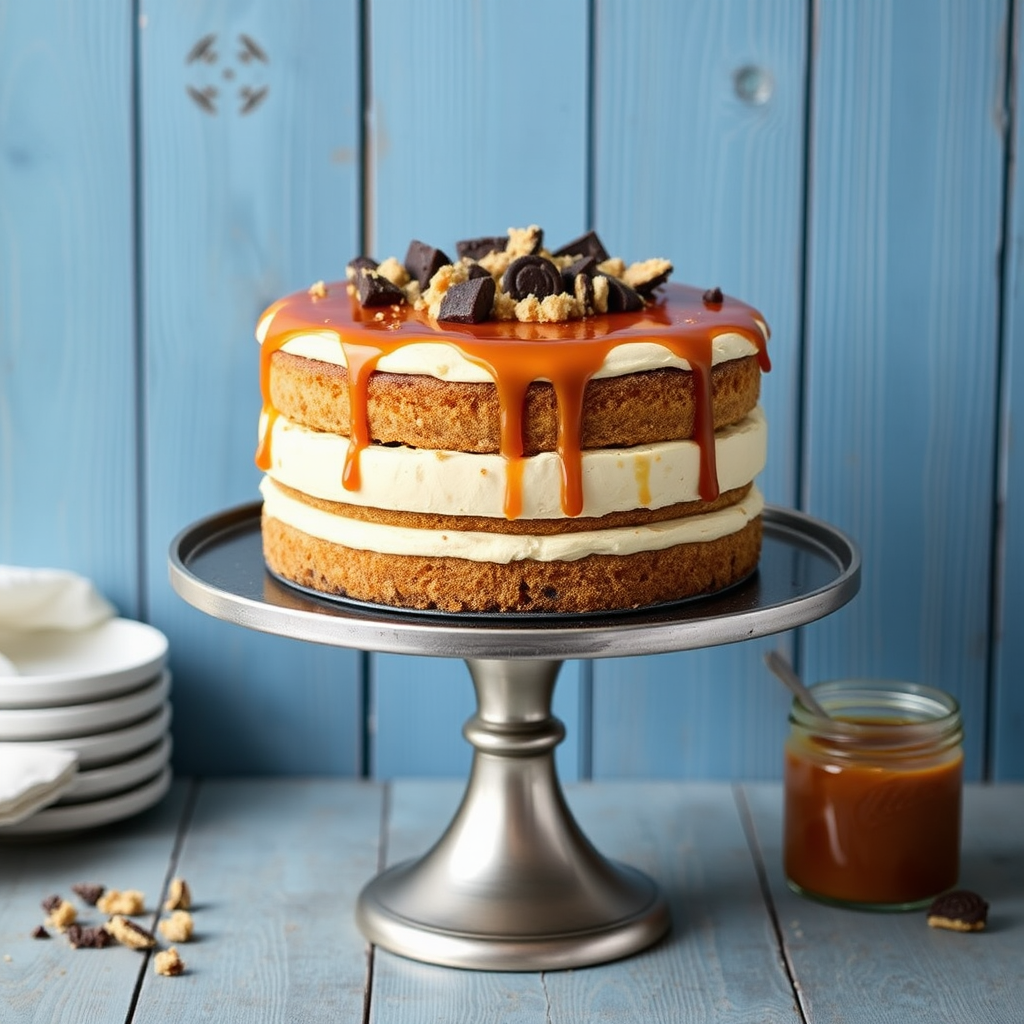 A three-layer cake with a creamy filling topped with caramel sauce and garnished with chocolate pieces and cookie crumbs on a silver cake stand with a blue wooden background and a jar of caramel sauce beside it.