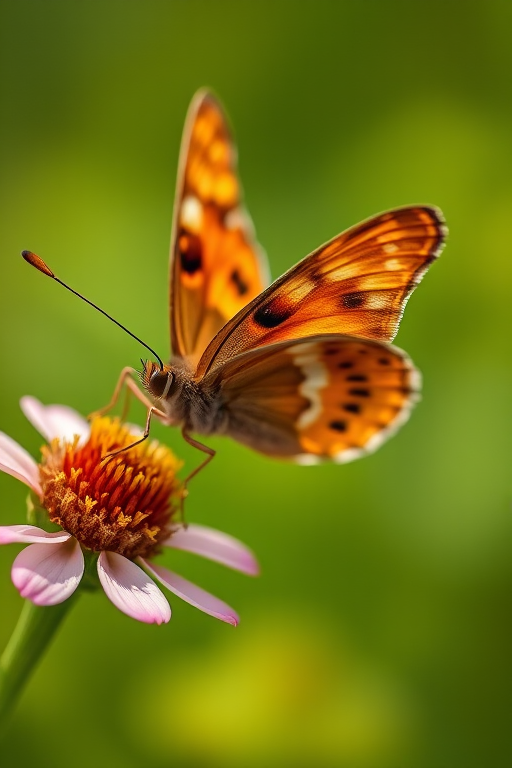 Close-up of a brown butterfly perched on a flower, blurred green background, 85mm macro lens, aperture f/2.8, shutter speed 1/250s, ISO 100, natural light, shallow depth of field.