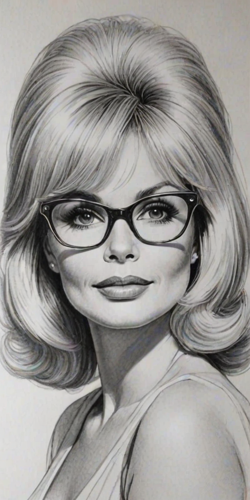 Delightful Loni Anderson, pencil sketch, portrait of Wonderful woman 1931s in glasses, hair style beatnik, outline, clear lines, fine lines, 8k
