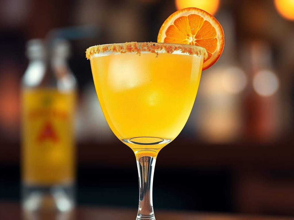 Create a high-resolution illustration of a cocktail in a margarita glass with a textured golden top and an orange garnish, using a Canon EOS R5 camera at f/2.8 aperture, 50mm lens, ISO 100, with a focus on the drink and a soft blurred background to enhance depth of field.