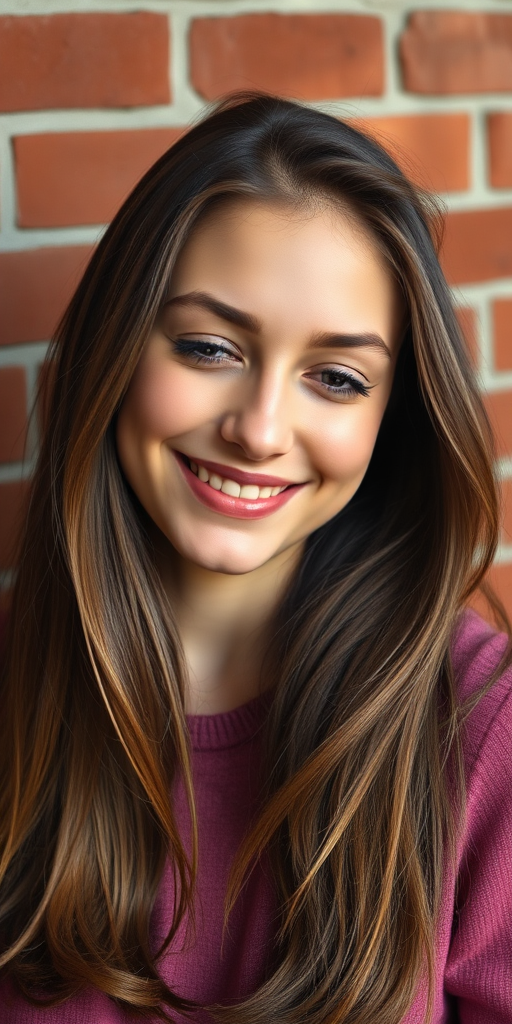 Portrait of a young woman smiling softly in front of a brick wall, natural lighting, f/2.8 aperture, ISO 100, 50mm lens, shallow depth of field, DSLR camera, warm tones, clear focus on subject.