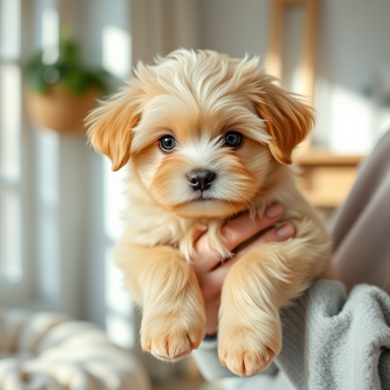 Generate an image of a fluffy light brown puppy being held by a person with a cozy indoor background featuring sunlight and soft textures the puppy has a cute expression with big eyes and a small nose