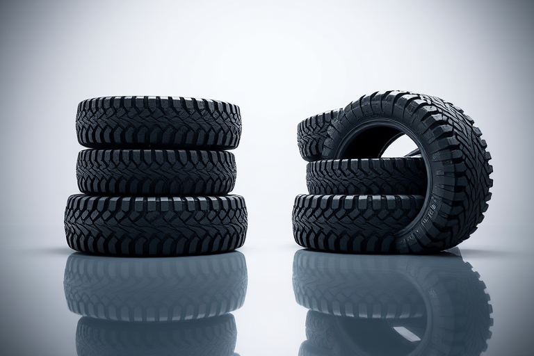 high-resolution rendering of four stacked off-road tires on a reflective surface, soft lighting, ISO 100, aperture f/8, shutter speed 1/60s, 50mm lens, 3-point lighting setup, digital DSLR camera