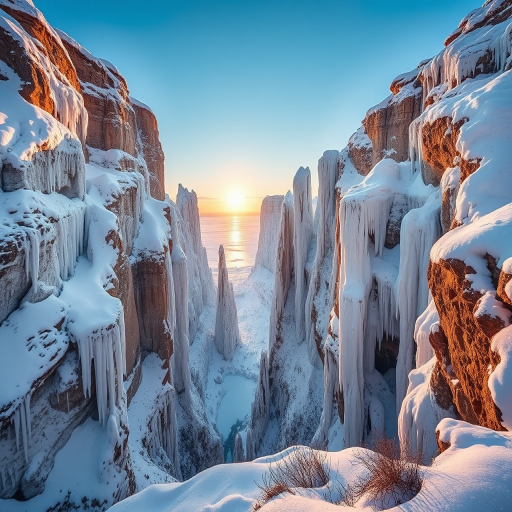 Create a serene winter landscape depicting icy cliffs and a tranquil blue atmosphere during sunrise, captured with a Canon EOS R5 at f/8, ISO 100, 1/200 sec, using a wide-angle lens for expansive view and high dynamic range.