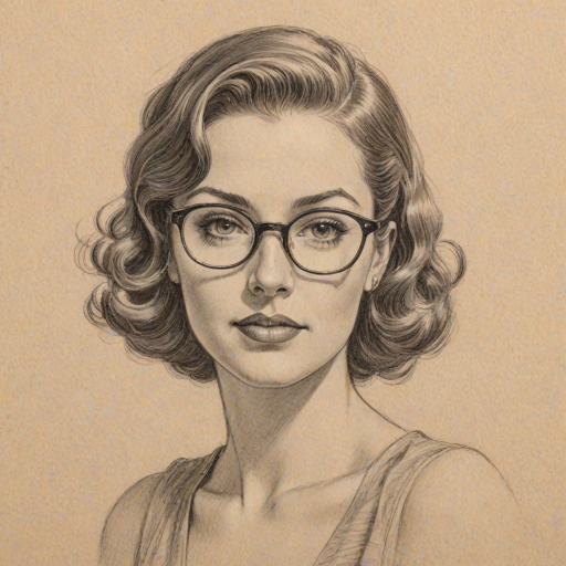 Graceful Jillian Rose Reed, pencil sketch, portrait of Delightful woman 1937s in glasses, hair style beatnik, outline, clear lines, fine lines, 8k