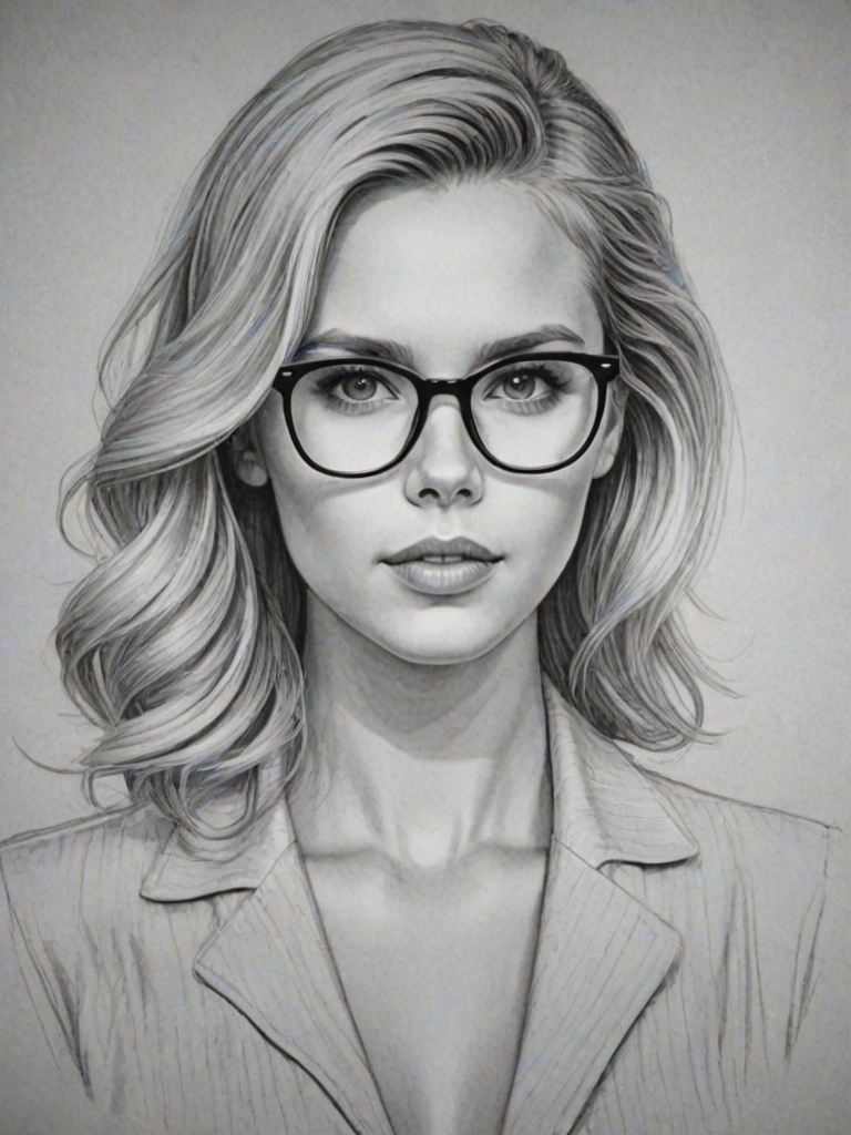 Elegant Claire Holt, pencil sketch, portrait of Alluring woman 1951s in glasses, hair style beatnik, outline, clear lines, fine lines, 8k