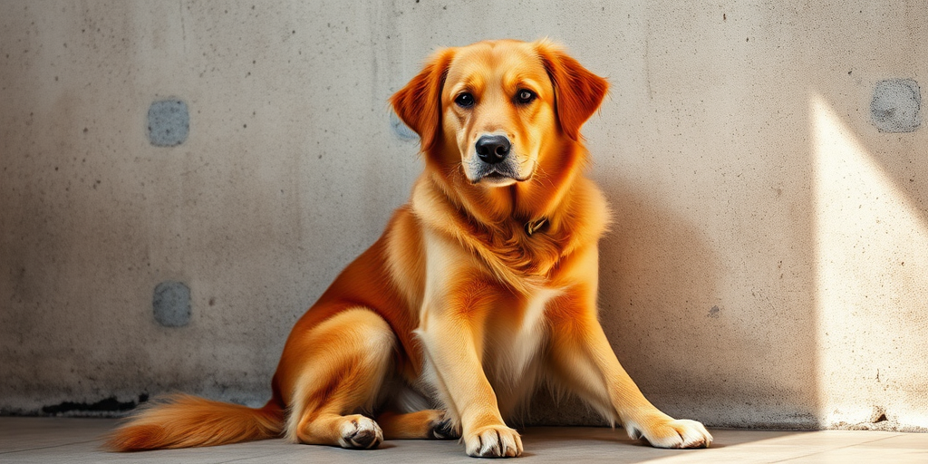 A golden retriever mix sitting gracefully against a textured wall, soft natural lighting, shallow depth of field, aperture f/2.8, ISO 200, 50mm lens, DSLR camera, slight HDR effect to enhance colors and details.
