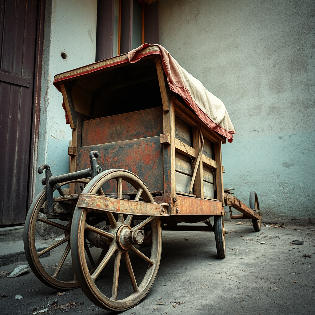 regenerate the image of an old, rusty hand cart, camera settings: aperture f/8, ISO 100, shutter speed 1/200s, camera view: low angle, camera style: vintage, camera type: DSLR