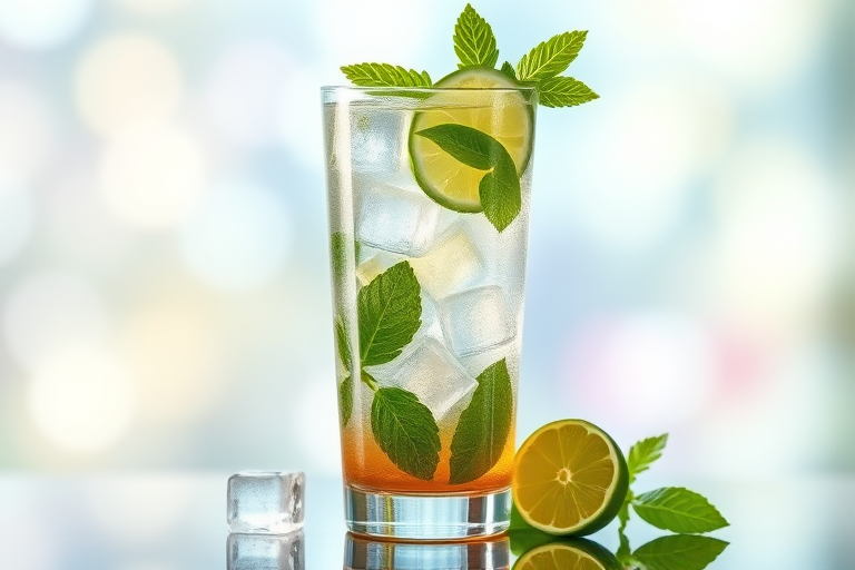 create a vibrant illustration of a mojito cocktail with ice cubes, light rum, simple syrup, mint leaves, and a lime segment in a tall glass, use a DSLR camera, 50mm lens, aperture f/1.8, ISO 100, shutter speed 1/125s, in a bright and colorful setting with a soft-focus background for enhanced image quality