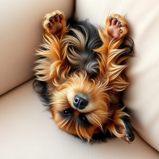 Create an image of a small fluffy dog lying on its back on a light colored couch with its paws in the air showcasing its playful and relaxed demeanor. The dog's fur should be a mix of brown and black with a cute expression on its face.