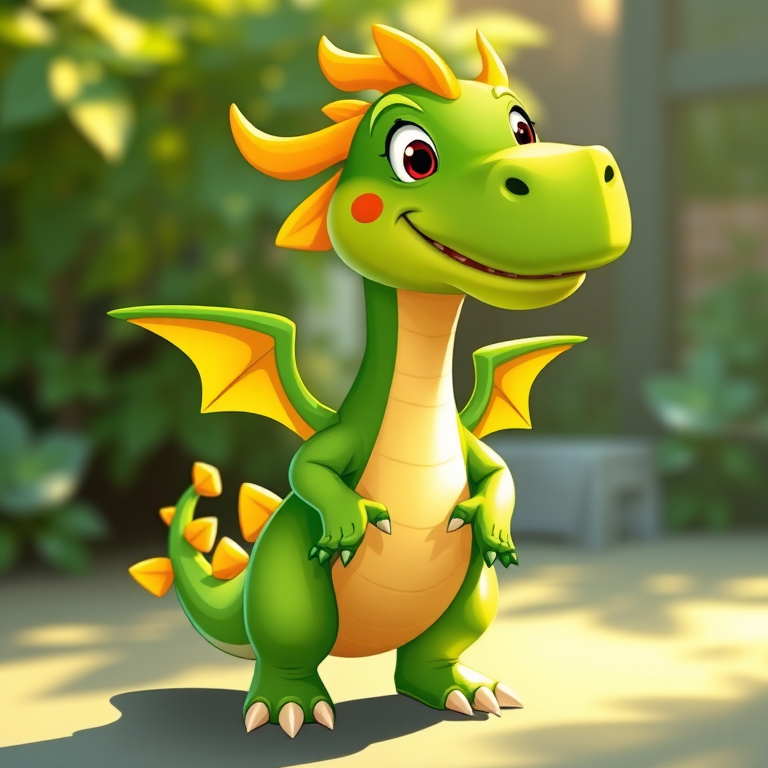 Create a vibrant illustration of a friendly green cartoon dragon with yellow accents, capturing the character standing in a playful pose, using a 50mm lens, f/2.8 aperture, soft sunlight from the left, and a high-resolution digital camera.