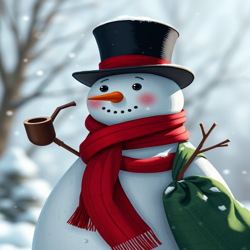 Create a high-resolution illustration of a snowman wearing a top hat and a red scarf, holding a pipe, and carrying a green sack, captured with a Canon EOS R5 at f/8, ISO 100, 1/250s, in bright daylight for enhanced colors and sharpness, with a slight 45-degree angle view for depth.