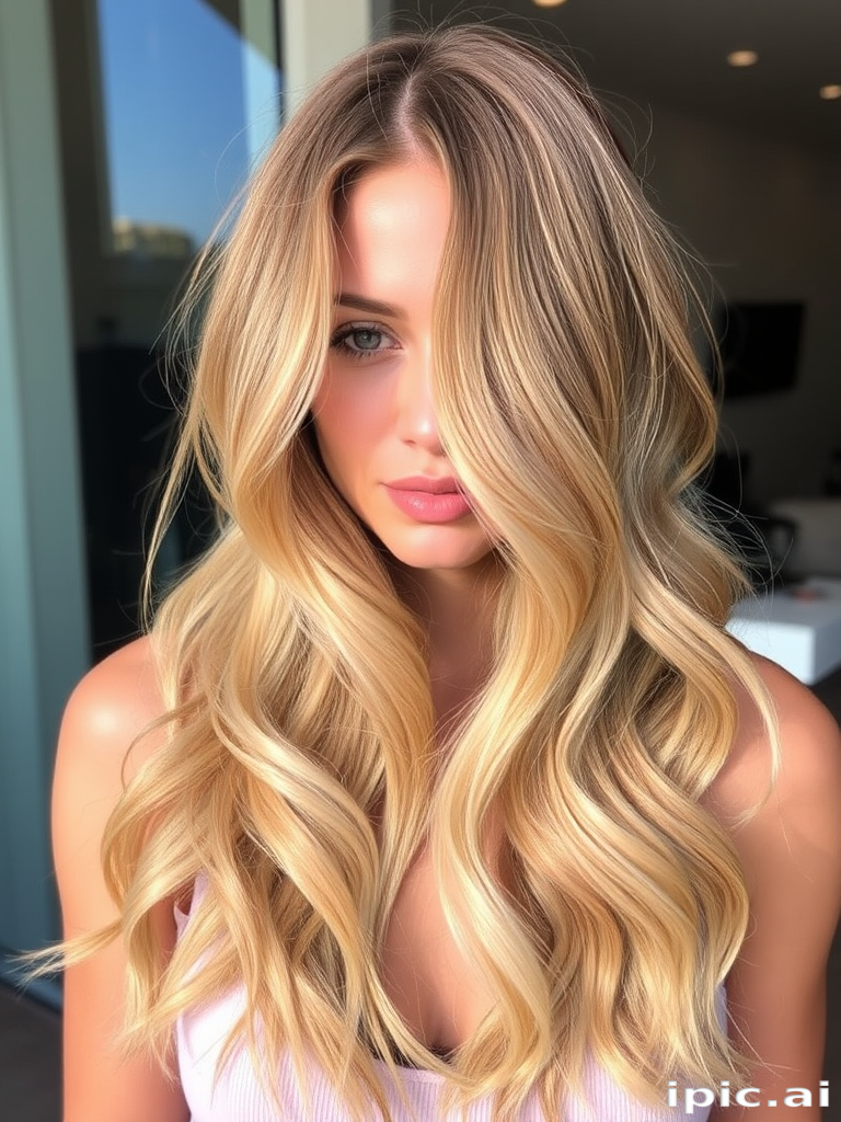 Luminous honey blonde beach waves with sun-kissed highlights, crafted by Sandy Shore, exhibiting a natural, effortless look with soft tendrils framing the face and subtle lowlights for depth