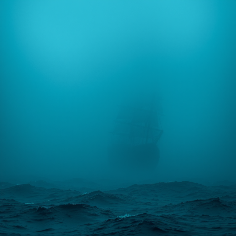 create a mystical scene of a tall ship sailing through dense fog on turbulent waters, capturing the silhouette of the ship with billowing sails, using a DSLR camera, aperture f/2.8, ISO 100, shutter speed 1/250s, shot from a low angle to emphasize the height of the ship and the depth of the fog, in a dramatic and atmospheric style.